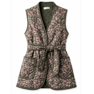 Self contrast floral Quilted Floral Belted Vest in Olive and Pink